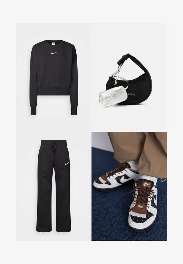 Zwarte cropped sweatshirt van een katoenmix, met een ronde halslijn, lange mouwen en een wit Nike-logo op de borst.; Zwarte sweatpants van een katoenmix, voorzien van een tailleband met koord, rechte pijpen, en een wit Nike-logo aan de linkerzijde.; Nike sneakers van witte, zwarte en bruine materialen. Kenmerken zijn een getextureerde bruine flap, gestreept ontwerp en traditionele vetersluiting met gouden accenten.; Juicy Couture BLOSSOM - Handtas - black