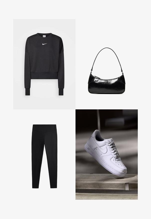 Sort cropped sweatshirt lavet af en blanding af bomuld, med rund halsudskæring, lange ærmer og et hvidt Nike-logo på brystet.; Sorte leggings lavet af glat, strækbart stof. Har en bred talje og en tapered ben-design, velegnet til aktiv eller afslappet brug.; Hvid Nike Air Force 1 sneaker svævende over en betonoverflade med skygger i et minimalistisk miljø.; Sort, blank skuldertaske i læder med et enkelt rum med lynlås og en tynd rem buet i en bueform.
