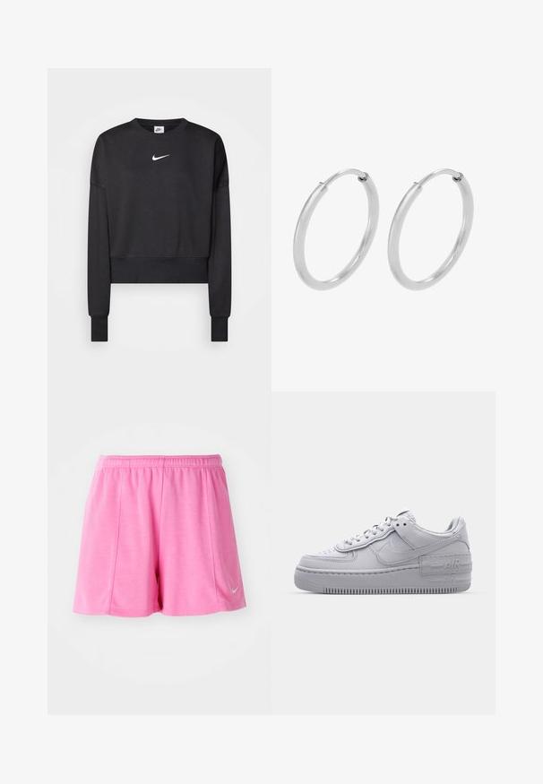 Must have kaelusega must lühendatud puuvillane dressipluus, millel on ümar kaelus, pikad varrukad ja rinnal valge Nike logo.; Roosa sportlikud lühikesed püksid, mis on valmistatud pehmest kangast, elastse vöökohtadega ja külgmise logo aktsendiga. Sirge jala disain siledast tekstuurist.; Hallitus hallid Nike Air Force 1 sneakerid, millel on augustatud varvas, siledast nahast ülemine osa, paks tall ning reljeefne 'AIR' detail kontsapadjal.; Hõbedased rõngassõrmused, ringikujuline kuju, sile läikiv tekstuur ja ühtlane laius kogu ulatuses. Minimalistlik disain ilma lisadeta.
