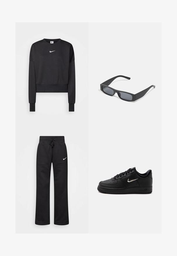 Sweatshirt noir court en mélange de coton, avec un col rond, des manches longues et un logo Nike blanc sur la poitrine.; Pantalons de survêtement noirs en mélange de coton, dotés d'une taille élastique avec cordon de serrage, de jambes droites et d'un logo Nike blanc sur le côté gauche.; Baskets basses Nike Air noires avec lacets noirs, bout perforé et virgule Nike argentée sur le côté, sur fond blanc uni.; Lunettes de soleil noires rectangulaires avec des verres foncés et des montures en mat épais. Les branches sont légèrement effilées avec une texture lisse.