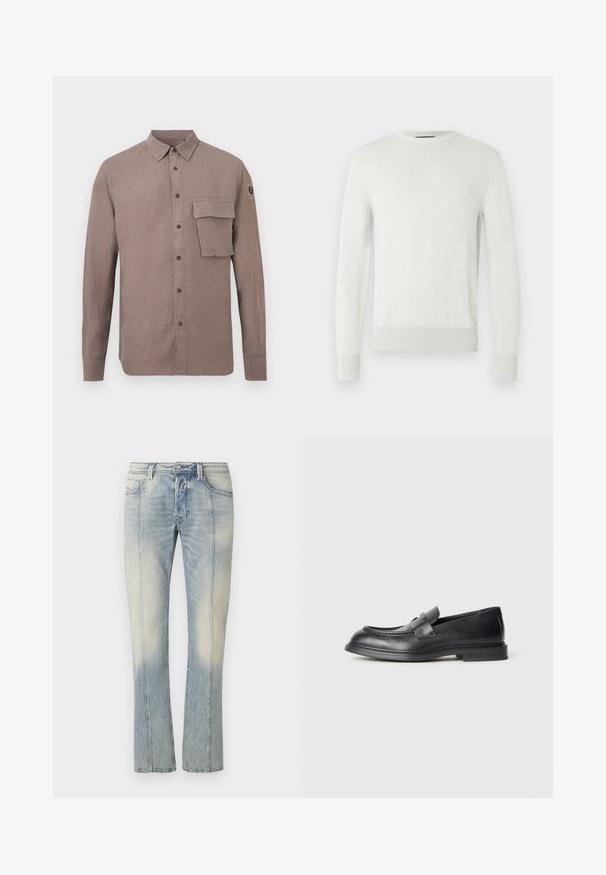 Pull gris clair à col ras du cou en matière tricotée douce. Présente des poignets et un ourlet côtelés, avec une texture subtile et un design minimaliste.; Chemise marron à manches longues avec boutons, col pointu, grande poche à rabat sur la poitrine gauche et petit logo sur la manche droite.; Jean en denim bleu clair avec une coupe droite, couture double, poches avant et finition délavée. Aucun logo visible.; Mocassins en cuir noir avec une finition texturée, dotés d'une bride décorative à l'avant et d'un bout arrondi. Semelle en caoutchouc pour plus de durabilité.