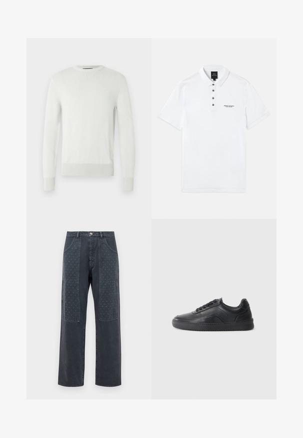 Lysegrå crewneck-trøje lavet af blødt strikket materiale. Har ribstrikkede manchetter og kant samt en subtil tekstur og et minimalistisk design.; Hvid polo shirt lavet af bomuld med korte ærmer, krave, fem mørke knapper og broderet "Armani Exchange" logo på brystet.; Mørkegrå jeans med bred benudskæring, der har dekorative lapper på forsiden med et subtilt blomstermønster og standardlomme-detaljering.; Sorte lædersneakers med en glat finish, rund tå, struktureret sidelæder og sorte snørebånd. Har en flad gummisål og et minimalistisk design.