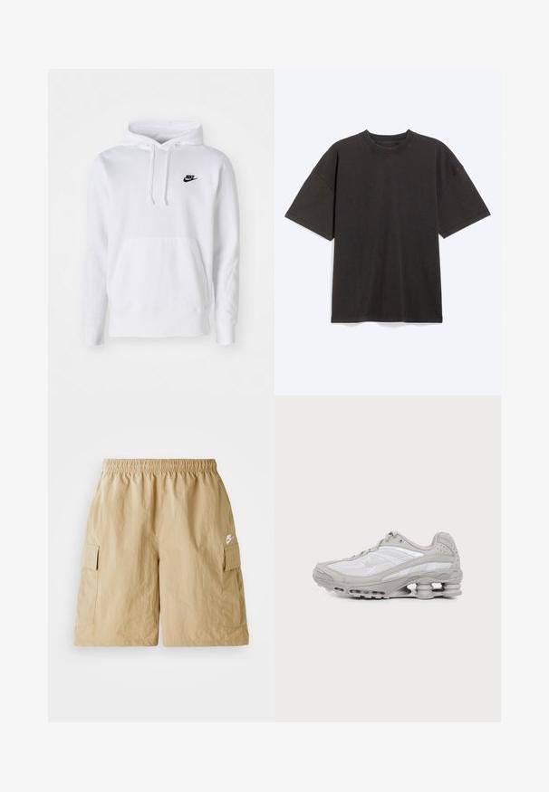 Weißer Hoodie aus Baumwollmischung mit einer Kapuze mit Kordelzug, vornem Kängurutasche, gerippten Bündchen und einem kleinen schwarzen Nike-Logo auf der Brust.; Schwarzes Oversized-T-Shirt mit kurzen Ärmeln und Rundhalsausschnitt, flach auf hellem grauem Hintergrund.; Beige Cargo-Shorts mit elastischem Bund, Seitentaschen und kleinem weißen Nike-Logo. Leichter Stoff mit zerknitterter Textur.; Grauer und weißer Sportschuh mit sichtbarer Luftpolstersohle und Mesh-Einsätzen, im Profil auf einfachem hellem Hintergrund gezeigt.