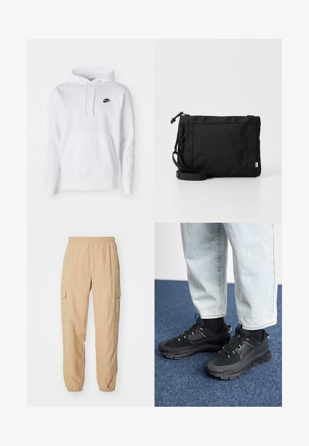Weißer Hoodie aus Baumwollmischung mit einer Kapuze mit Kordelzug, vornem Kängurutasche, gerippten Bündchen und einem kleinen schwarzen Nike-Logo auf der Brust.; Beige Cargo-Hosen aus leichtem Stoff, mit einem elastischen Bund, zwei Seitentaschen und elastischen Bündchen an den Knöcheln.; Schwarze Sportschuhe aus strukturiertem Stoff mit Gummisohlen, ausgestattet mit elastischen Schnürsenkeln und einem blauen Akzent an der Ferse. Getragen mit hellen Jeans.; Schwarze Stoff-Schultertasche mit texturiertem Äußeren, verstellbarem Schultergurt und Kordelzugverschluss. Verfügt über auffällige Nähte und ein seitliches Etikett.
