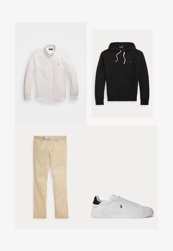 Sort hættetrøje med hvide snørebånd, frontlomme og lille rødt Polo Ralph Lauren-logo på brystet.; Hvid skjorte med knapper og fine lodrette striber i lys beige. Har en klassisk krave, lange ærmer og et lille broderet logo på brystet.; Beige bukser med lige ben, bæltestropper og frontlynlås, lagt fladt mod en hvid baggrund.; Hvid lavtop sneaker med sort hælfane, snørebånd og Polo Ralph Lauren-logo på siden, med præget såldetaljer.