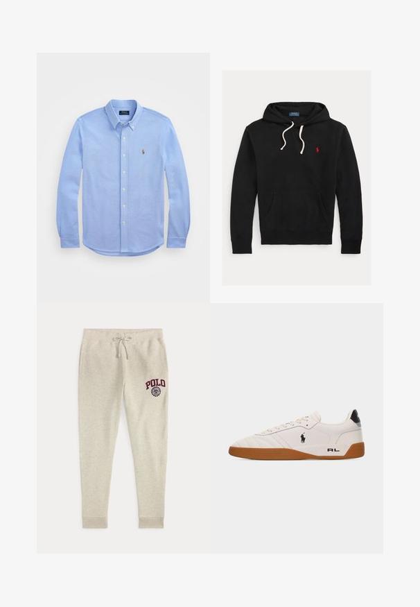 Must kapuutsiga dressipluus valgete paeltega, eesmine tasku ja väike punane Polo Ralph Laureni logo rinnal.; Heleheles sinine pikkade varrukatega nööbitav särk, mis on valmistatud pehmest puuvillast. Särgil on klassikaline krae ja rinnal väike tikandlogoga. ; Beežid paelaga dressipüksid küljetaskutega ning punase "POLO" logoga ja embleemiga ülemisel vasakul reiel.; Valge madala lõikega toss pruuni kummist tallaga, must Polo Ralph Laureni logo küljel ja "RL" tekst kandjalosal.