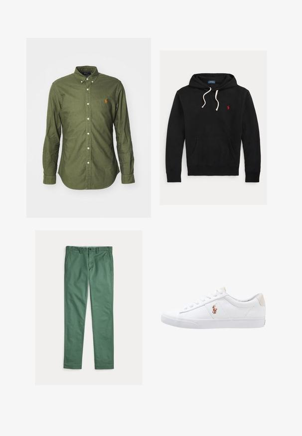 Schwarzer Hoodie mit weißen Kordeln, Fronttasche und kleinem roten Polo Ralph Lauren-Logo auf der Brust.; Olivgrünes Button-up-Hemd aus Baumwollstoff, mit klassischem Kragen, langen Ärmeln und einem gestickten Logo in Orange auf der Brust.; Grüne Herrenstoffhose mit geradem Bein, vorderen Taschen, Gürtelschlaufen und Knopfverschluss, flach auf weißem Hintergrund präsentiert.; Weiße Leinensneaker im Low-Top-Design mit einem beigen Ferseneinsatz und einem kleinen gestickten Logo an der Seite. Gummisohle.
