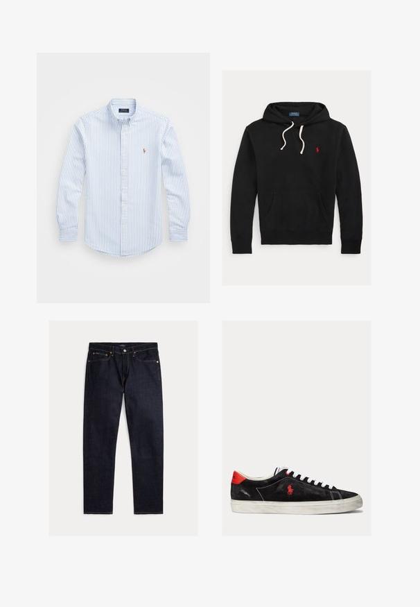 Zwarte hoodie met witte trekkoorden, voorzak en klein rood Polo Ralph Lauren-logo op de borst.; Lichtblauw en wit gestreept overhemd met knopen, een kraag, lange mouwen en een klein geborduurd logo op de borst. Katoenen materiaal.; Donker indigoblauwe rechte jeans met vijf zakken, knoop- en ritsluiting en contrasterende oranje stiksels op een effen achtergrond.; Zwarte suede sneakers met witte veters, rode accenten op de hak en een klein rood logo. Beschikt over een platte rubberen zool en eenvoudige stiksels.