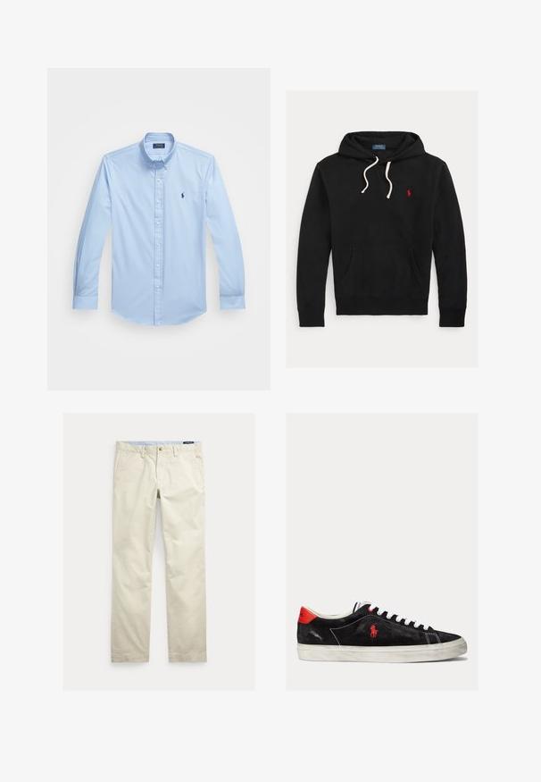 Must kapuutsiga dressipluus valgete paeltega, eesmine tasku ja väike punane Polo Ralph Laureni logo rinnal.; Hele sinine nööpidega särk, mis on valmistatud puuvillast, pikkade varrukatega, terava kraega ja vasakul rinna piirkonnas tikandiga logo. Tasane eesmine disain.; Beežid sirge säärega puuvillased püksid vööaasade, eesnupu, luku ja küljetaskutega.; Mustmustest mustad valged paelad, punased aktsendid kanna juures ja väike punane logo. Omab lame kummitalda ja lihtsat õmblust.