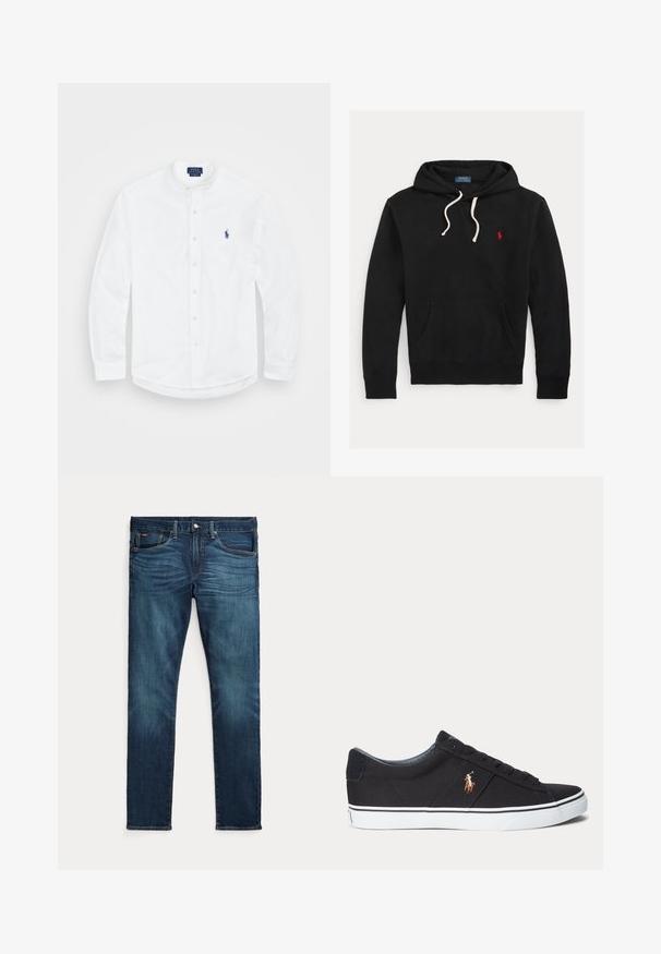 Must kapuutsiga dressipluus valgete paeltega, eesmine tasku ja väike punane Polo Ralph Laureni logo rinnal.; Valge pikaaelne särk bändi kaelusega, nuppe ees ja sinise logoga vasakul küljel. Valmistatud siledast puuvillakangast.; Tumesinised kitsad teksad esiküljel nööbi ja tõmblukuga, viie taskuga ning peene tuhmumisega reite ja põlvede eesosas.; Mustad madala säärega tossud valge kummist tallaga ja küljele tikitud pruun hobuse logo.