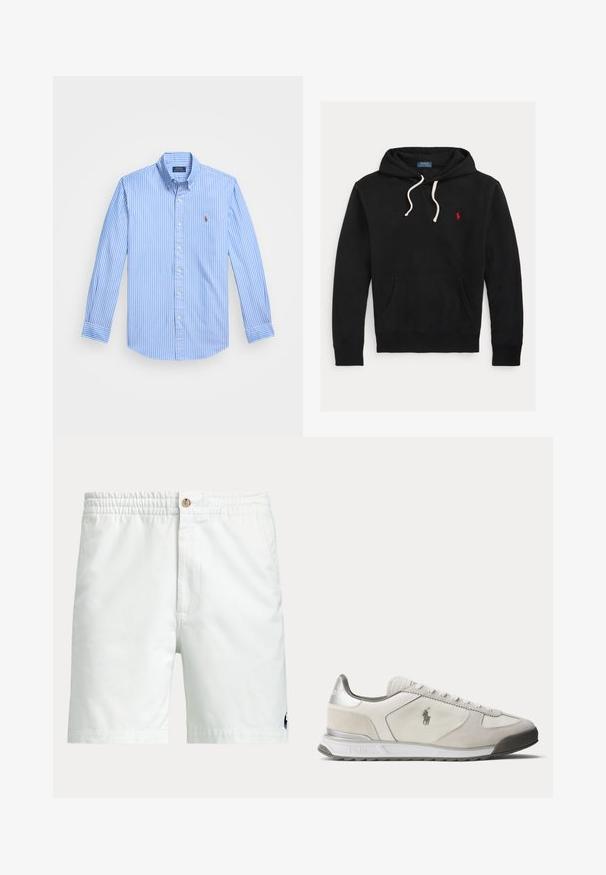 Μαύρο hoodie με λευκά κορδόνια, μπροστινή τσέπη και μικρό κόκκινο λογότυπο Polo Ralph Lauren στο στήθος.; Μπλε και λευκή ριγέ πουκάμισο με μακριά μανίκια, κουμπιά και επι pointed collar, και λογότυπο στο στήθος. Κατασκευασμένο από βαμβακερό ύφασμα με λεία υφή.; Άσπρες ανδρικές σορτς με ελαστική μέση, κλείσιμο με κουμπί, πλαϊνές τσέπες και μικρό σκούρο λογότυπο κοντά στο κάτω τελείωμα σε ένα πόδι.; Χαμηλού προφίλ λευκό και ανοιχτό γκρι αθλητικό παπούτσι με λογότυπο Polo στο πλάι, κορδόνια στο μπροστινό μέρος και ασημένια λεπτομέρεια στη φτέρνα.