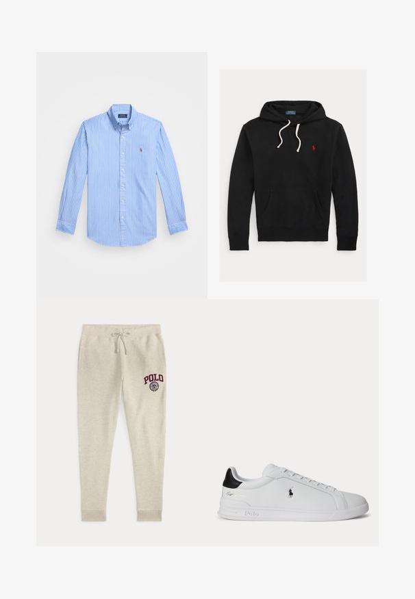 Zwarte hoodie met witte trekkoorden, voorzak en klein rood Polo Ralph Lauren-logo op de borst.; Blauwe en witte gestreepte lange mouwen overhemd met een puntige kraag en logo-embleem op de borst. Katoenen stof met een gladde textuur.; Beige joggingbroek met trekkoord, zijzakken en rood "POLO"-logo en embleem op de bovenste linker dij.; Witte lage sneaker met zwarte hieltab, veters en Polo Ralph Lauren-logo aan de zijkant, met gegraveerde zooldetails.