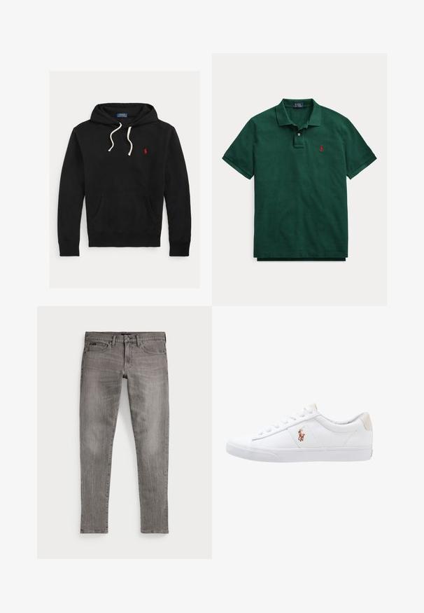 Sort hættetrøje med hvide snørebånd, frontlomme og lille rødt Polo Ralph Lauren-logo på brystet.; Grøn polo t-shirt med korte ærmer, krave, to knapper i stolpen og et lille rødt broderet logo på venstre bryst.; Grå denim jeans, slim fit, med lige ben. Har klassisk femlomme-design, stikninger og en let falmet tekstur.; Hvide kanvas sneakers med lågtop design, prydet med en beige hælkappe og et lille broderet logo på siden. Gummisål.