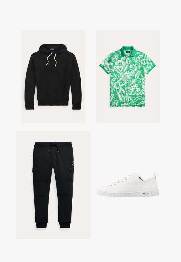 Musta huppari valkoisilla naruilla, etutaskulla ja pienellä punaisella Polo Ralph Lauren -logolla rinnassa.; Vihreä poolopaita, jossa valkoisia kukka- ja lehtikuvioita. Siinä on kaulus ja lyhyet hihat; valmistettu pehmeästä kankaasta.; Mustat cargo-jogger-housut, joissa on kiristysnauhavyötärö, sivutaskut kannella, resorit lahkeensuissa ja pieni valkoinen polo-pelaajan logo oikeassa reisissä.; Valkoiset nahkakengät, joissa on sileä pinta, pyöreä kärki ja kontrastivärinen raitatieto nauhojen lähellä. Varustettu kumipohjalla ja brändätyllä sivulla.