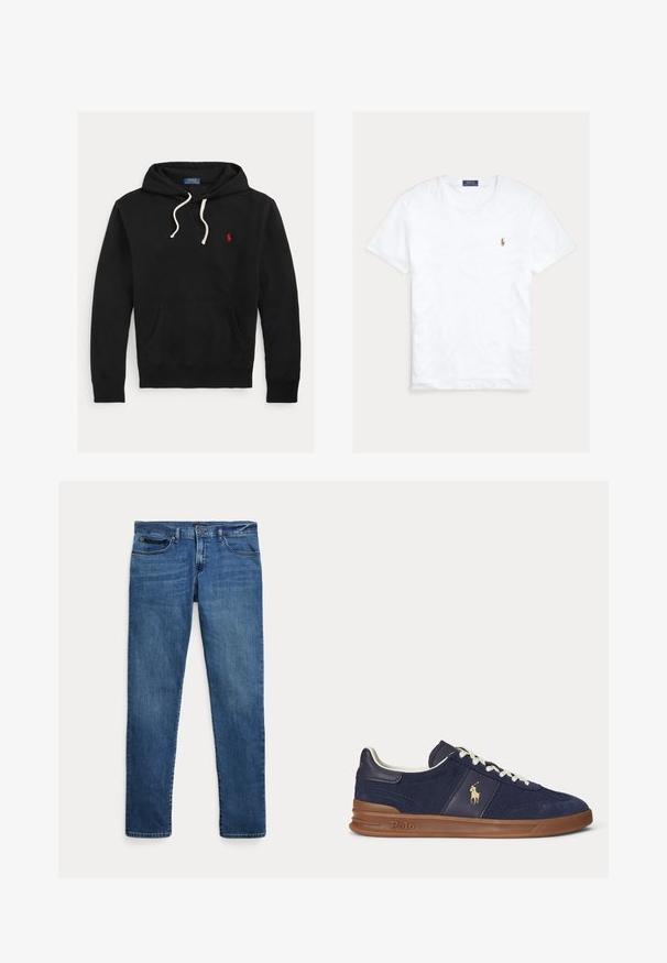 Sort hættetrøje med hvide snørebånd, frontlomme og lille rødt Polo Ralph Lauren-logo på brystet.; Hvid T-shirt med rund hals og korte ærmer med lille broderet Polo Ralph Lauren-logo på venstre bryst og blå mærkeetiket indvendigt i kraven.; Blå denimjeans med slim fit, der har forlommer, bæltestropper og lukning med knap på hvid baggrund.; Mørkeblå lavtopsneaker med hvide snørebånd, brun sål og Polo-spiller logo på siden, set fra venstre.