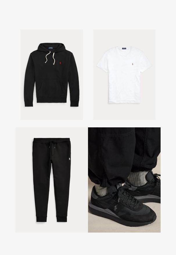 Schwarzer Hoodie mit weißen Kordeln, Fronttasche und kleinem roten Polo Ralph Lauren-Logo auf der Brust.; Weißes T-Shirt mit Rundhalsausschnitt und kurzen Ärmeln, mit kleinem gesticktem Polo Ralph Lauren Logo auf der linken Brust und blauem Markenetikett innen am Kragen.; Schwarze Jogginghose mit umgeschlagenen Bündchen, Tunnelzug in der Taille, Seitentaschen und kleinem weißen Polo-Spieler-Logo am rechten Oberschenkel.; Schwarze Sneakers mit Schnürsenkeln und grauem Logo, getragen mit grauen Socken und schwarzen Hosen auf einem beigen Boden.