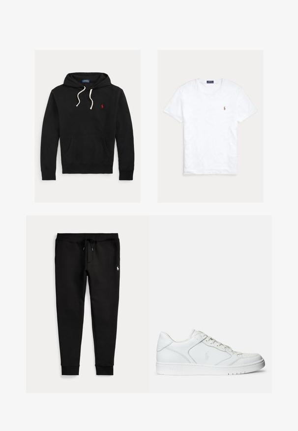 Schwarzer Hoodie mit weißen Kordeln, Fronttasche und kleinem roten Polo Ralph Lauren-Logo auf der Brust.; Weißes T-Shirt mit Rundhalsausschnitt und kurzen Ärmeln, mit kleinem gesticktem Polo Ralph Lauren Logo auf der linken Brust und blauem Markenetikett innen am Kragen.; Schwarze Jogginghose mit umgeschlagenen Bündchen, Tunnelzug in der Taille, Seitentaschen und kleinem weißen Polo-Spieler-Logo am rechten Oberschenkel.; Weißer Ledersneaker mit glatter Textur, ausgestattet mit einer perforierten Zehenpartie, Schnürverschluss und gesticktem Logo an der Seite. Weiße Gummisohle.