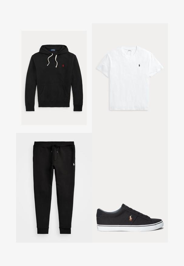 Zwarte hoodie met witte trekkoorden, voorzak en klein rood Polo Ralph Lauren-logo op de borst.; Wit T-shirt met V-hals en korte mouwen met een klein marineblauw Polo Ralph Lauren paardenlogo op de linkerborst.; Zwarte sweatpants van zacht materiaal, met een trekkoord in de taille, aangesloten boorden en een klein wit logo op het linkerpoot.; Zwarte lage sneaker met witte zool en gestikt polo-speler logo aan de zijkant, met veterluiting en textuurstof bovenwerk.