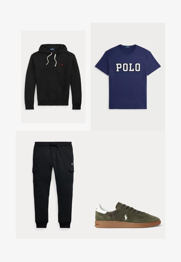 Musta huppari valkoisilla naruilla, etutaskulla ja pienellä punaisella Polo Ralph Lauren -logolla rinnassa.; T-paita tummansinisestä puuvillasta, jossa on suuri valkoinen "POLO" -grafiikka, pyöreä pääntie ja lyhyet hihat.; Mustat cargo-jogger-housut, joissa on kiristysnauhavyötärö, sivutaskut kannella, resorit lahkeensuissa ja pieni valkoinen polo-pelaajan logo oikeassa reisissä.; Olivinvihreä mokkanahkainen tennari, jossa ruskea kumipohja, valkoinen kantanauha, nauhallinen edestä ja valkoinen Ralph Laurenin poloilijan logo sivussa.