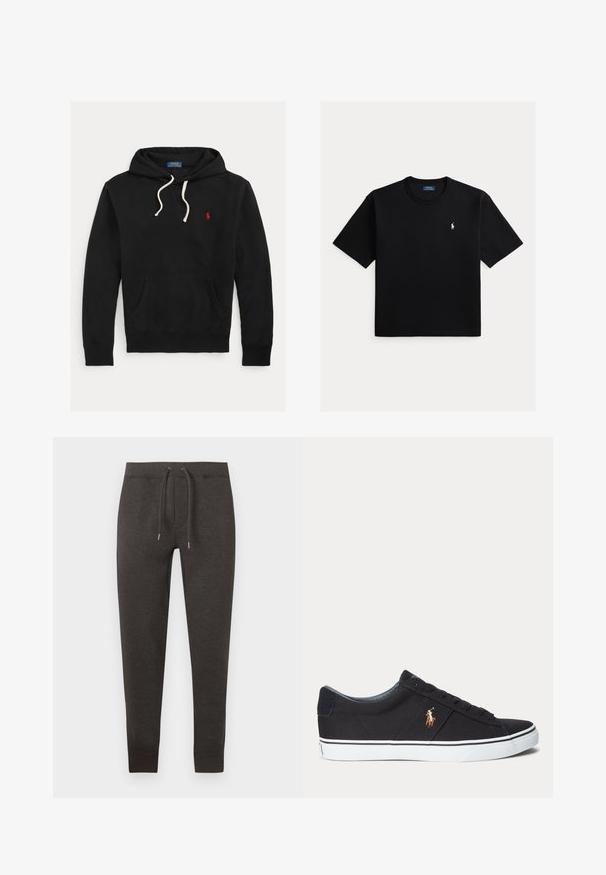 Μαύρο hoodie με λευκά κορδόνια, μπροστινή τσέπη και μικρό κόκκινο λογότυπο Polo Ralph Lauren στο στήθος.; Μαύρο κοντομάνικο μπλουζάκι με στρογγυλή λαιμόκοψη και μικρό λευκό λογότυπο αλόγου Polo Ralph Lauren στην αριστερή πλευρά του στήθους.; Σκούρα γκρι φόρμα από μαλακό ύφασμα, με ελαστική μέση και κορδόνι, στενές στα κάτω άκρα και με μανσέτες στους αστραγάλους.; Μαύρο χαμηλό sneaker με λευκή σόλα και κεντημένο λογότυπο παίκτη πόλο στο πλάι, με κορδόνια και υφασμάτινο επάνω μέρος με υφή.