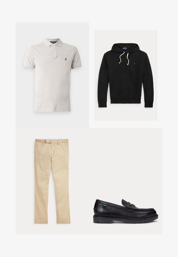 Must kapuutsiga dressipluus valgete paeltega, eesmine tasku ja väike punane Polo Ralph Laureni logo rinnal.; Heled hall polo-särk, mis on valmistatud puuvillast, klassikalise krae, kahe nupuga varustatud, lühikeste varrukatega ja rinnal on väike roheline logo.; Beeži sirgete säärega püksid vööaasade ja ees oleva tõmblukuga, laotatud tasaselt valgele taustale.; Mustast nahast loafer paksu soonelise tallaga ja väike roheline "Polo" silt välisküljel kanna lähedal.