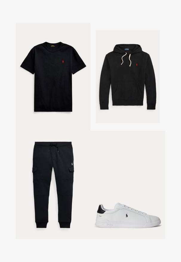 Schwarzer Hoodie mit weißen Kordeln, Fronttasche und kleinem roten Polo Ralph Lauren-Logo auf der Brust.; Schwarzes Baumwoll-T-Shirt mit kurzen Ärmeln, Rundhalsausschnitt und kleinem roten gestickten Logo auf der linken Brust. Glatte Textur, lässiges Design.; Schwarze Cargo-Jogginghose mit Tunnelzugbund, seitlichen Klappentaschen, gerippten Bündchen und kleinem weißen Polo-Spieler-Logo am rechten Oberschenkel.; Weißer Sneaker mit niedrigem Schaft, schwarzem Fersenlasche, Schnürsenkeln und Polo Ralph Lauren Logo an der Seite, mit geprägten Sohlen-Details.