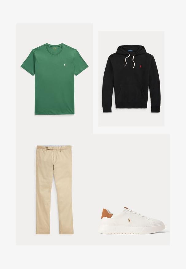 Μαύρο hoodie με λευκά κορδόνια, μπροστινή τσέπη και μικρό κόκκινο λογότυπο Polo Ralph Lauren στο στήθος.; Πράσινο μπλουζάκι κοντομάνικο με στρογγυλή λαιμόκοψη και μικρό λευκό λογότυπο Polo Ralph Lauren με άλογο στο αριστερό στήθος.; Μπεζ παντελόνι με ίσια γραμμή, θηλιές για ζώνη και φερμουάρ μπροστά, τοποθετημένο επίπεδα σε λευκό φόντο.; Λευκό sneaker χαμηλού προφίλ με ταμπά ταμπάκι στη φτέρνα, λευκά κορδόνια και μικρό κεντητό λογότυπο παίκτη πόλο στη πλευρά πάνω από χονδρό πάτο.