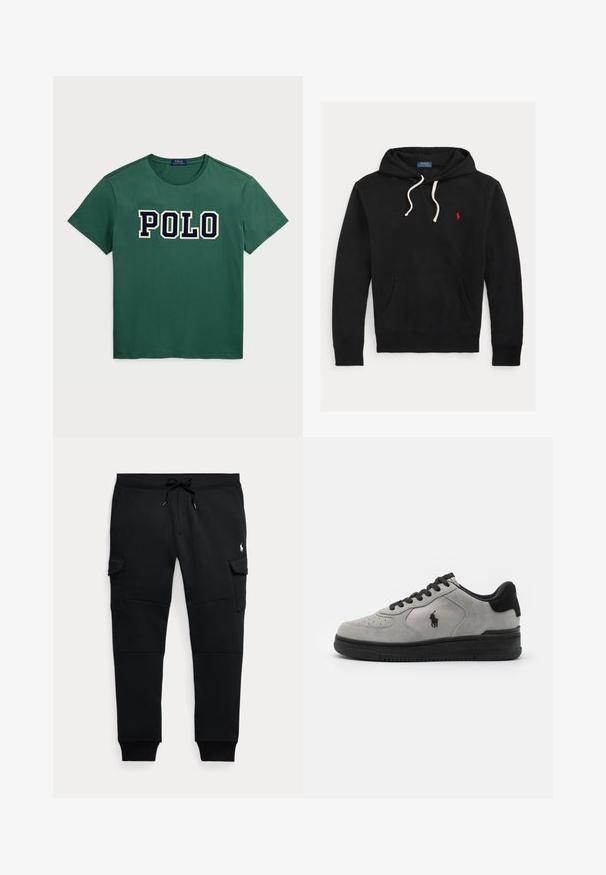 Čierna mikina s kapucňou s bielymi šnúrkami, predným vreckom a malým červeným logom Polo Ralph Lauren na hrudi.; Zelené bavlnené tričko s okrúhlym výstrihom a krátkymi rukávmi. Logo "POLO" v tučnom námorníckom písmene cez hruď. Hladká textúra.; Čierne cargo jogger nohavice s šnúrkou v páse, bočné vrecká s chlopňou, rebrované manžety a malé biele logo hráča póla na pravej stehne.; Sivé semišové tenisky s čiernymi akcentami, s textúrovanou bočnou panelou, okrúhlou špičkou a čiernou gumovou podrážkou. Vyšívané logo na boku.