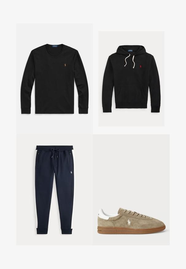 Čierna mikina s kapucňou s bielymi šnúrkami, predným vreckom a malým červeným logom Polo Ralph Lauren na hrudi.; Čierne dlhé tričko s dlhým rukávom vyrobené z mäkkej bavlny, so zaobleným výstrihom a malým vyšívaným logom na hrudi s farebnými akcentmi.; Námornícke modré teplákové nohavice s bielymi bočnými pruhmi, zipsovými vreckami, elastickým pásom s šnúrkou a malým bielym logom na pravej nohe.; Semišové tenisky v béžovej farbe s bielymi detailmi, s okrúhlou špičkou a viazaním. Obsahujú embosované logo a gumovú podrážku pre lepšiu trakciu.