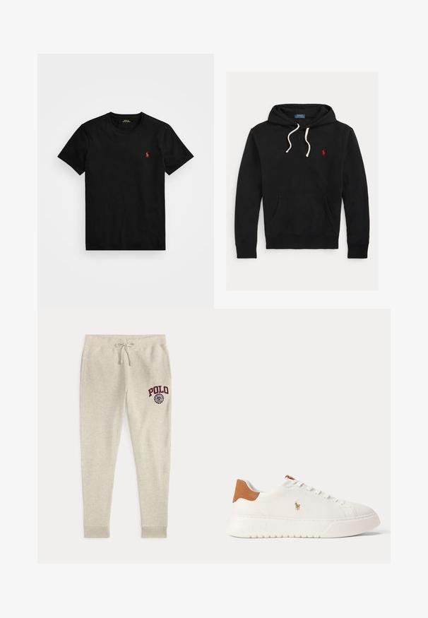 Sort hættetrøje med hvide snørebånd, frontlomme og lille rødt Polo Ralph Lauren-logo på brystet.; Sort bomulds T-shirt med rund hals, kortærmer og et lille rødt broderet logo på venstre bryst. Glat tekstur, klassisk pasform.; Beige joggingbukser med snøre og sidelommer samt rød "POLO" logo og emblem på øverste venstre lår.; Hvid lavtop sneaker med tan hælfane, hvide snørebånd og lille broderet polo-spiller logo på siden over en tyk sål.