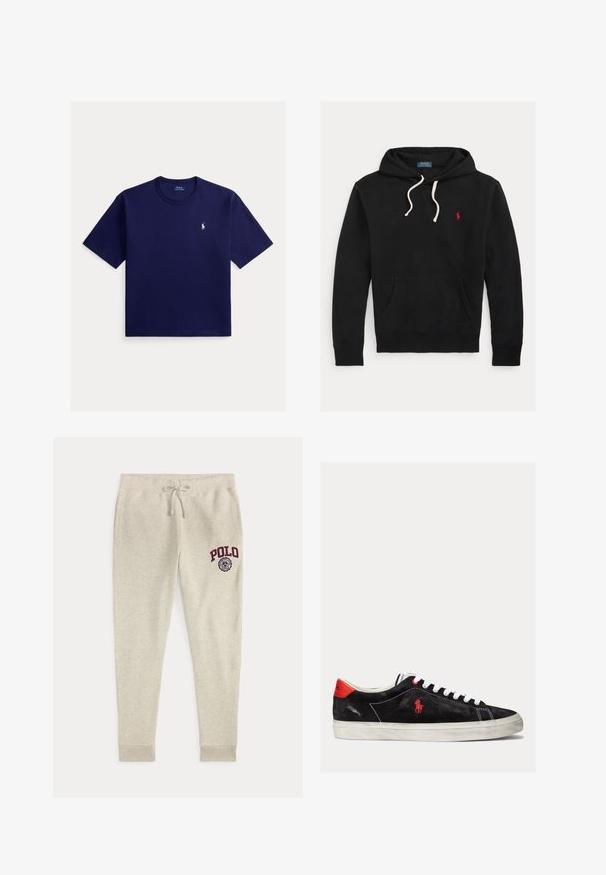 Μαύρο hoodie με λευκά κορδόνια, μπροστινή τσέπη και μικρό κόκκινο λογότυπο Polo Ralph Lauren στο στήθος.; Μπλούζα σε σκούρο μπλε χρώμα με κοντά μανίκια και στρογγυλή λαιμόκοψη, με μικρό λευκό λογότυπο Polo Ralph Lauren στο αριστερό στήθος.; Μπεζ παντελόνι φόρμας με κορδόνι, πλαϊνές τσέπες και κόκκινο "POLO" λογότυπο και έμβλημα στο πάνω αριστερό μηρό.; Μαύρο σουέτ sneakers με λευκά κορδόνια, κόκκινες λεπτομέρειες στην φτέρνα και ένα μικρό κόκκινο λογότυπο. Διαθέτει επίπεδη, καουτσούκ σόλα και απλή ραφή.