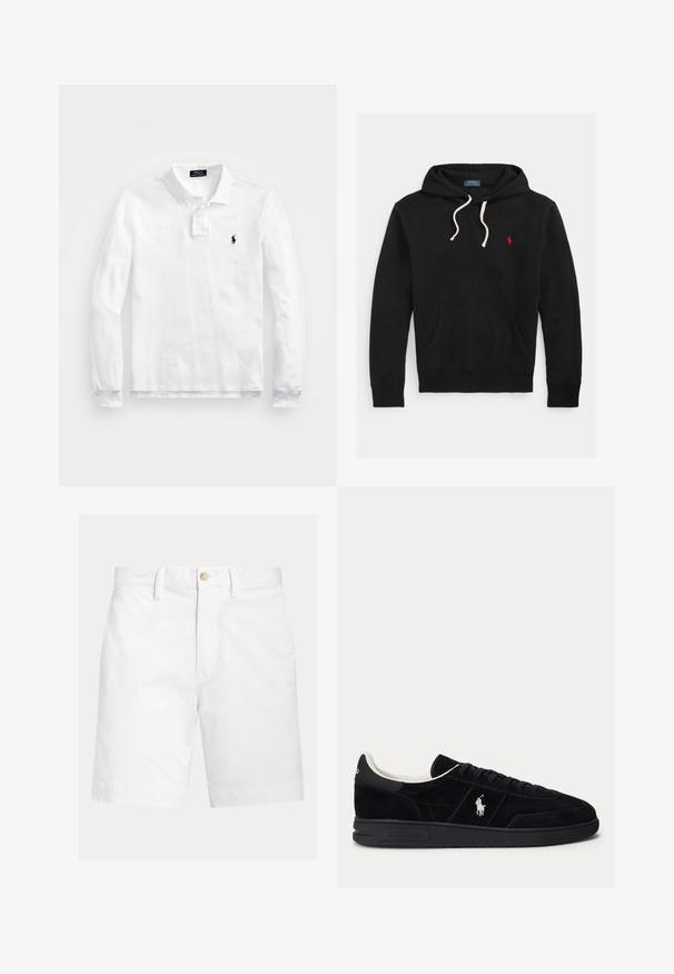 Čierna mikina s kapucňou s bielymi šnúrkami, predným vreckom a malým červeným logom Polo Ralph Lauren na hrudi.; Biela dlhá polo košeľa s dlhým rukávom vyrobená z bavlny, s klasickým golierom, trojbuttonovou légou a námorníckou logom na ľavej strane hrude.; Biele šortky po kolená s pútkami na opasok a hnedým gombíkom na zapínanie v páse, zobrazené na jednoduchom pozadí.; Čierna nízka teniska s čiernymi šnúrkami, bielym vnútorným lemom a bielym logom Polo Ralph Lauren na boku a päte.