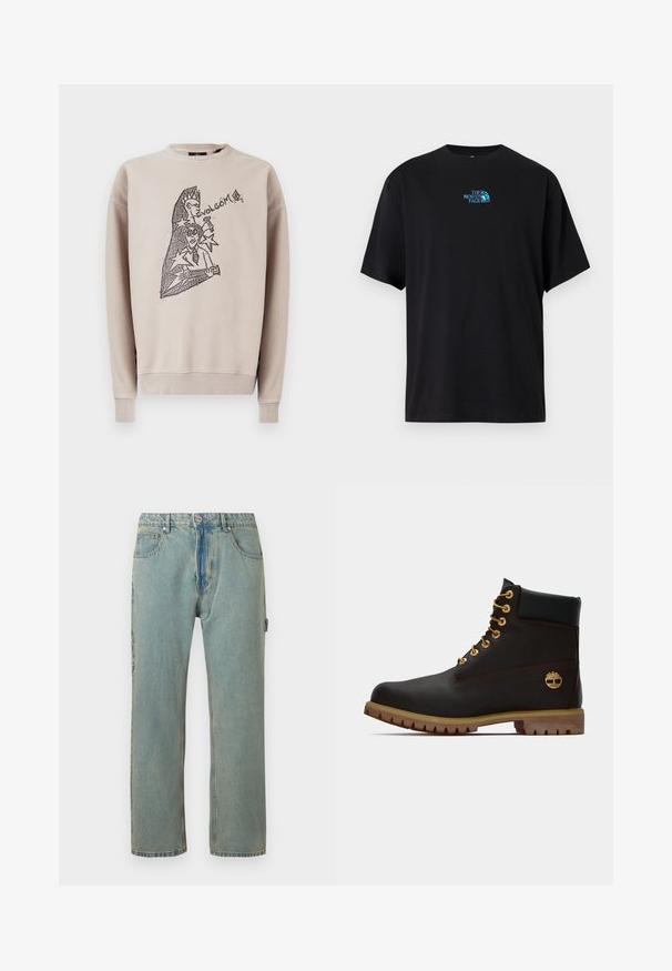 Beige Sweatshirt aus Baumwolle mit Rundhalsausschnitt. Vorderseite mit schwarzem Grafikdesign, darunter der Schriftzug „Volcom“ und abstrakte Figuren.; Schwarzes Baumwoll-T-Shirt mit rundem Ausschnitt und kurzen Ärmeln, mit einem türkisfarbenen "The North Face"-Logo auf der Brust.; Hellblaue, locker sitzende Denim-Jeans mit fünf Taschen, einem Knopfverschluss und sichtbaren Nähten. Der Stoff hat ein verblasstes, strukturiertes Aussehen.; Schwarze Leder-Ankle-Boots mit goldenen Ösen, braunen Akzenten und einer Gummisohle. Verfügt über einen gepolsterten Schaft und ein geprägtes Logo an der Seite.