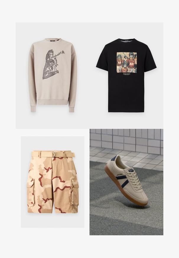 Sweat-shirt beige en coton avec un col ras du cou. Présente un motif graphique noir à l'avant, comprenant le texte "Volcom" et des figures abstraites.; T-shirt noir avec un graphisme de joueurs de hurling portant des casques intitulés "Peace" et des maillots bordeaux portant l'inscription "Weekend Offender".; Shorts cargo camouflage beige et marron avec grandes poches latérales et ceinture en tissu beige avec boucle en D métallique.; Baskets beiges avec une finition texturée, bandes navy et semelle en caoutchouc. Équipées d'une languette rembourrée et d'un système de laçage traditionnel pour un maintien sécurisé.