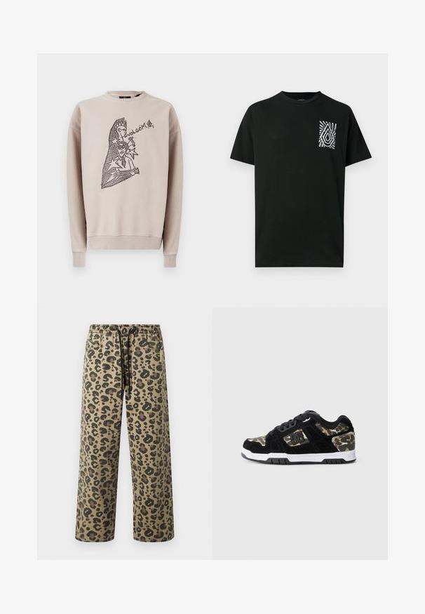 Beige sweatshirt lavet af bomuld med rund hals. Har et sort grafisk design på forsiden, inklusive teksten "Volcom" og abstrakte figurer.; Sort bomuld T-shirt med korte ærmer og en frontlomme med et hvidt abstrakt mønster. Klassisk rund hals.; Leopardmønstrede bukser i tan- og brune farver med elastik i taljen og snøre, sidelommer og en afslappet pasform.; Sort ruskinds sneaker med camomønster på siden, hvid mellemsål og sort gummisål. Har snørebånd og logo-detalje på siden.