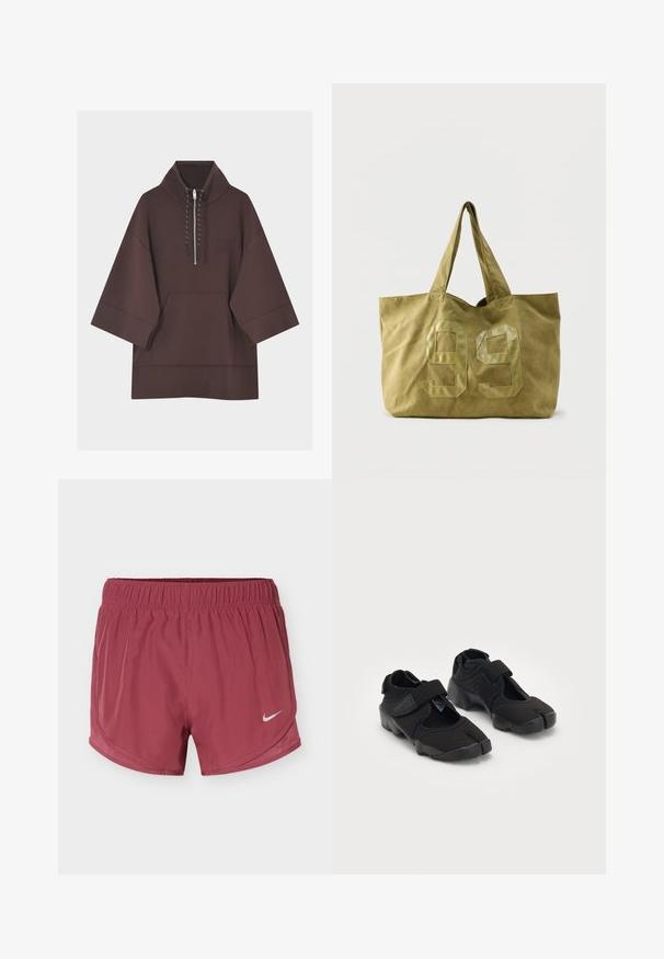 Tumepruun pullover-tüüp kapuutsiga pusa laiade kolmveerandvarrukatega, ees kängurutasku ja lühike tõmblukk nööridega krae juures.; Maroon Nike jooksutrikoo elastse vöökohaga ja valge Nike swoosh logoga paremal jalal ühevärvilisel taustal.; Mustad mustad veega tehtud mustad veeketsid, millel on paindlik kangas, Velcro rihm ning ainulaadne jagatud sõrmikute disain ja tekstureeritud kummist tald, mis tagab haarduvuse.; Olive rohelise suur kangast ostukott kahe käepidemega ja ees särava numbriga "99" tikandiga.