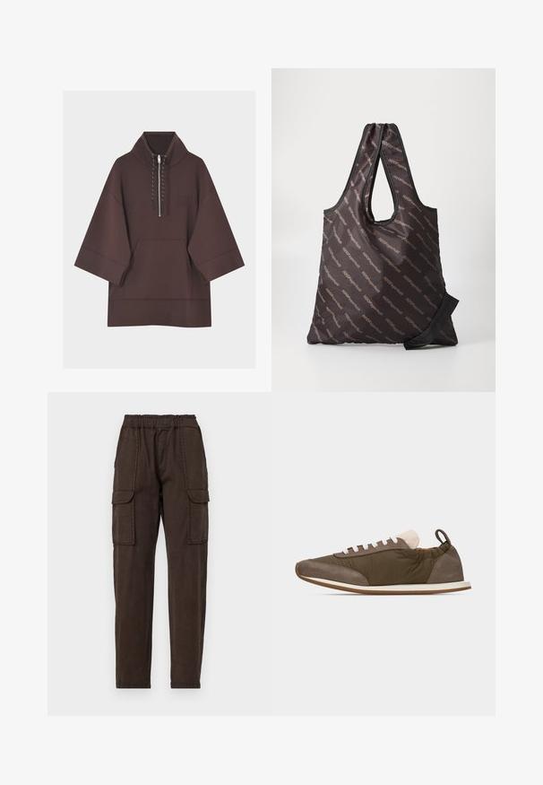 Sudadera con capucha de pulóver marrón oscuro con mangas anchas hasta tres cuartos, bolsillo canguro delantero y cremallera corta con cordones en el cuello.; Pantalones cargo marrones con cintura elástica, dos grandes bolsillos delanteros y un diseño de pierna ajustada. Fabricados en una tela ligera con una textura mate.; Zapatilla deportiva de perfil bajo en verde oliva con puntera y talón de ante beige, cordones blancos, lengüeta de color blanco roto y suela de goma marrón, vista lateral.; Bolso tote negro hecho de un material sintético ligero que presenta un patrón repetido del logo "H2OFagerholt". Las asas son de doble lazo para facilitar el transporte.