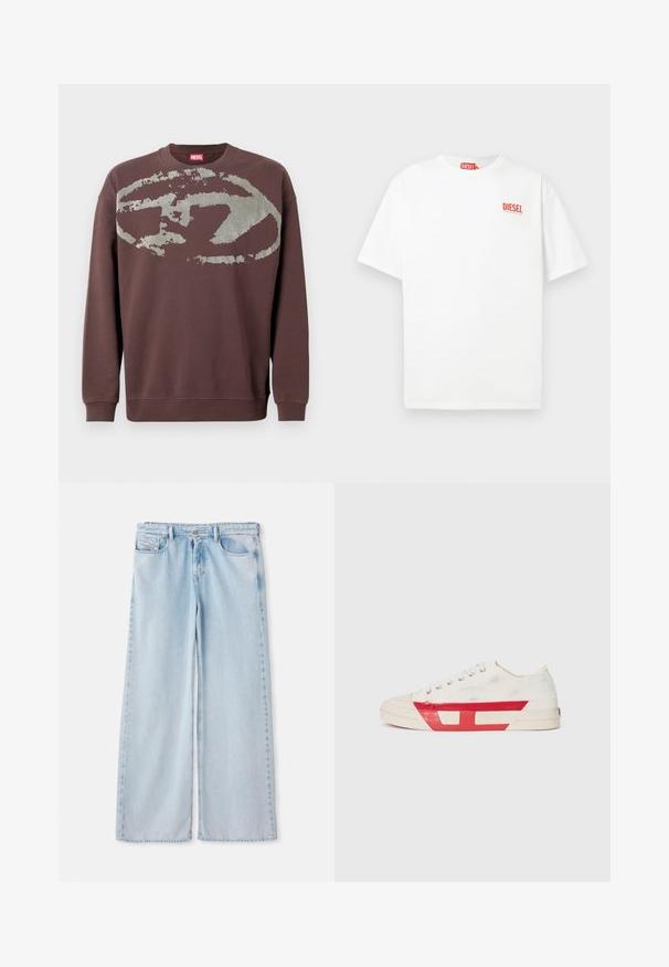 Bruine trui met lange mouwen, voorzien van een groot vervaagd grijs abstract ovaal patroon over de borst en met geribbelde boorden aan mouwen en zoom.; Witte katoenen T-shirt met korte mouwen en een rood "DIESEL" logo op de linkerborst, met een losse pasvorm en eenvoudig ontwerp.; Lichtblauwe spijkerbroek met wijde pijpen en een klassiek vijf-pocketontwerp, voorzien van een standaard tailleband en een onafgewerkte zoom. Zachte denimtextuur met lichte vervaging.; Canvas sneaker met een witte bovenkant, rode rubberen accenten en een gestructureerd ontwerp. Heeft een ronde neus en vijf oogjes voor de veters.