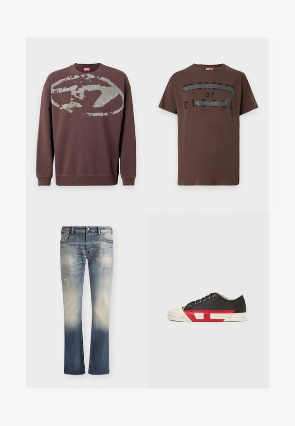 Sweat-shirt marron à manches longues avec un grand motif ovale abstrait gris délavé sur la poitrine et des poignets et un ourlet côtelés.; T-shirt en coton marron avec un texte graphique noir « PROPERTY OF D » et un accent gris texturé traversant la poitrine. Manches courtes, coupe décontractée.; Jean en denim bleu délavé avec des détails usés, poches avant, fermeture à boutons et coupe droite.; Baskets en toile noire avec des accents rouges, un bout en caoutchouc et une semelle blanche. Elles présentent des lacets noirs et un design texturé sur le côté.