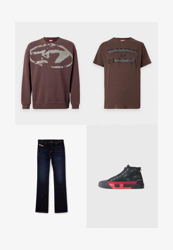 Brauner Pullover mit langen Ärmeln, großem verblasstem grauem abstraktem Ovalmuster über der Brust und gerippten Bündchen an Ärmeln und Saum.; Braunes Baumwoll-T-Shirt mit schwarzem Schriftzug "PROPERTY OF D" und strukturiertem grauem Akzent quer über der Brust. Kurze Ärmel, lockere Passform.; Dunkelblaue Jeans aus Denim mit geradem Bein, ausgestattet mit orangefarbenen Nähten, einem Reißverschluss und Vordertaschen. Glatte Textur und Standardbund.; Schwarze High-Top-Sneaker mit roten Akzenten und einem abgenutzten Finish. Verfügt über ein strukturiertes Canvas-Obermaterial und eine Gummisohle mit Ausschnitt-Design.