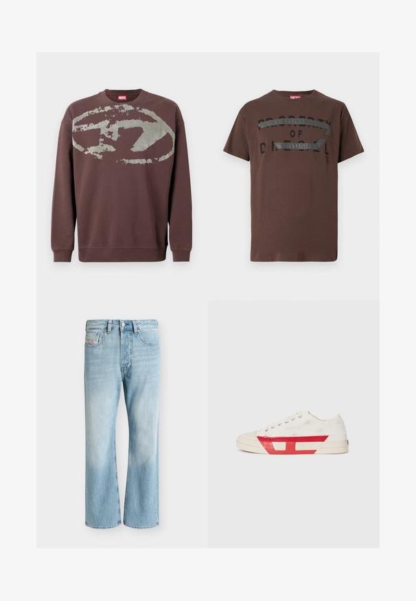Sweat-shirt marron à manches longues avec un grand motif ovale abstrait gris délavé sur la poitrine et des poignets et un ourlet côtelés.; T-shirt en coton marron avec un texte graphique noir « PROPERTY OF D » et un accent gris texturé traversant la poitrine. Manches courtes, coupe décontractée.; Jean en denim bleu clair avec cinq poches et une coupe droite, présenté sur un fond blanc uni.; Baskets en toile avec un dessus blanc, des accents en caoutchouc rouge et un design texturé. Elles présentent une tête arrondie et cinq œillets pour les lacets.