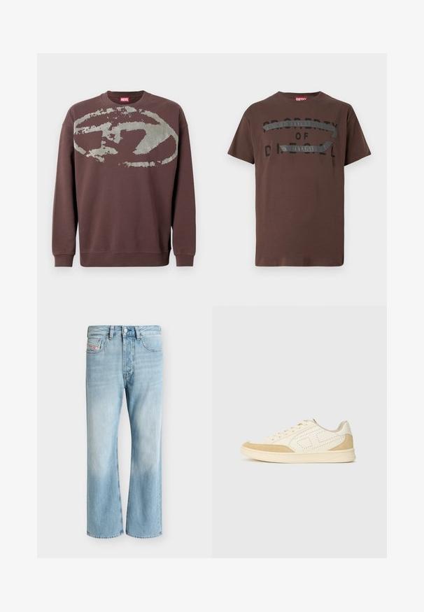 Sweat-shirt marron à manches longues avec un grand motif ovale abstrait gris délavé sur la poitrine et des poignets et un ourlet côtelés.; T-shirt en coton marron avec un texte graphique noir « PROPERTY OF D » et un accent gris texturé traversant la poitrine. Manches courtes, coupe décontractée.; Jean en denim bleu clair avec cinq poches et une coupe droite, présenté sur un fond blanc uni.; Baskets en cuir blanc avec des accents en daim beige, design perforé sur les côtés, bout rond, semelle en caoutchouc plate et fermeture à lacets.