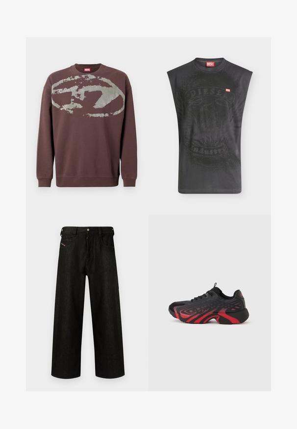 Sweat-shirt marron à manches longues avec un grand motif ovale abstrait gris délavé sur la poitrine et des poignets et un ourlet côtelés.; T-shirt noir sans manches Diesel avec un graphisme subtil d'aigle et un petit patch logo Diesel rouge sur la poitrine.; Jean noir à jambes larges en denim, présentant une fermeture éclair, cinq poches et un branding discret sur la poche avant. Tissu durable et texturé.; Chaussure de sport noire et rouge avec une tige texturée ornée de motifs, fermeture à lacets et semelle épaisse en caoutchouc.