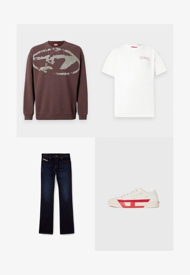 Brauner Pullover mit langen Ärmeln, großem verblasstem grauem abstraktem Ovalmuster über der Brust und gerippten Bündchen an Ärmeln und Saum.; Weißes Baumwoll-T-Shirt mit kurzen Ärmeln, auf der linken Brust mit einem pinkfarbenen, bestickten "DIESEL"-Logo versehen und mit klassischem Rundhalsausschnitt.; Dunkelblaue Jeans aus Denim mit geradem Bein, ausgestattet mit orangefarbenen Nähten, einem Reißverschluss und Vordertaschen. Glatte Textur und Standardbund.; Leinensneaker mit weißem Obermaterial, roten Gummidetails und einem strukturierten Design. Verfügt über eine runde Zehenpartie und fünf Ösen für die Schnürsenkel.