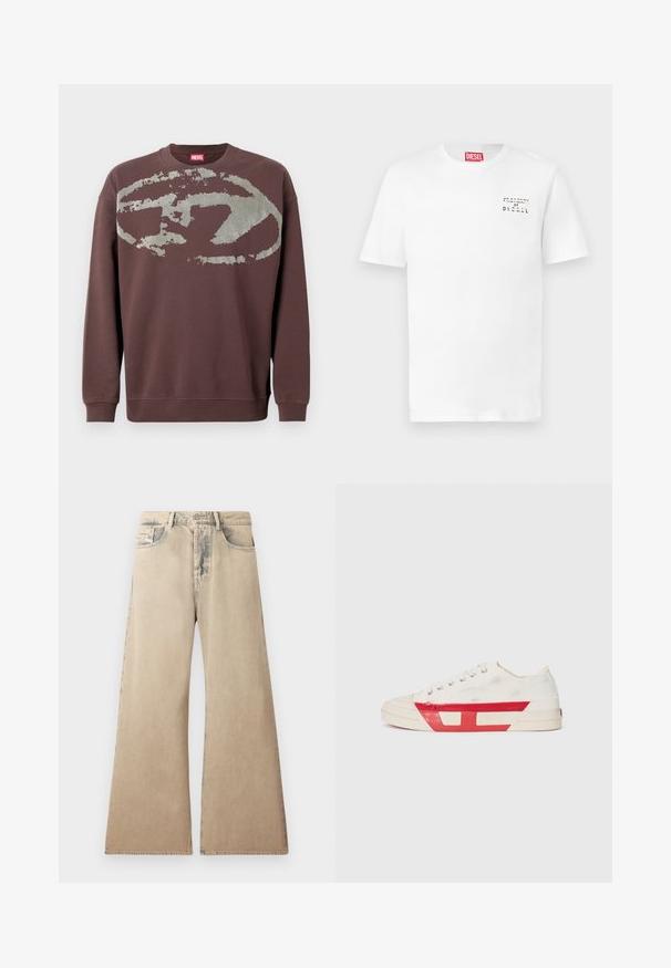 Brauner Pullover mit langen Ärmeln, großem verblasstem grauem abstraktem Ovalmuster über der Brust und gerippten Bündchen an Ärmeln und Saum.; Weißes Baumwoll-T-Shirt mit kurzen Ärmeln, rundem Halsausschnitt und einem kleinen schwarzen "PROPERTY OF DIESEL" Aufdruck auf der linken Brustseite.; Beige weite Jeans mit verblichener Textur, Fünf-Taschen-Design und genähten Details entlang der Nähte. Der Bund hat einen klassischen Knopfverschluss.; Leinensneaker mit weißem Obermaterial, roten Gummidetails und einem strukturierten Design. Verfügt über eine runde Zehenpartie und fünf Ösen für die Schnürsenkel.
