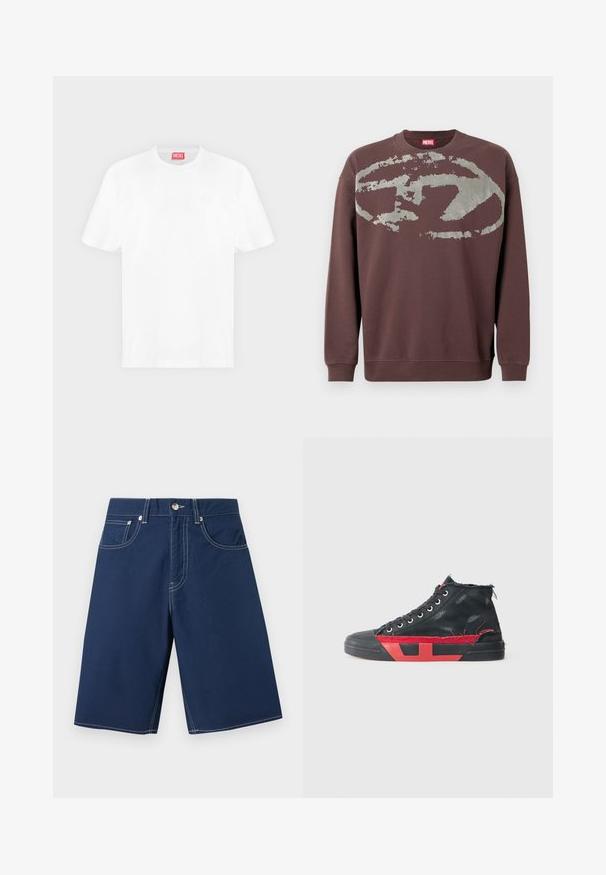 Brown long-sleeve sweatshirt with a large faded gray abstract oval pattern across the chest and ribbed cuffs and hem.; White short-sleeve crew neck t-shirt with a small white embossed logo on the left chest and a red Diesel brand tag inside the collar.; Navy blue knee-length shorts with white stitching, front button, zipper, belt loops, and three front pockets on a neutral background.; Black high-top sneaker with red accents and a distressed finish. Features a textured canvas upper and a rubber sole with cutout design.