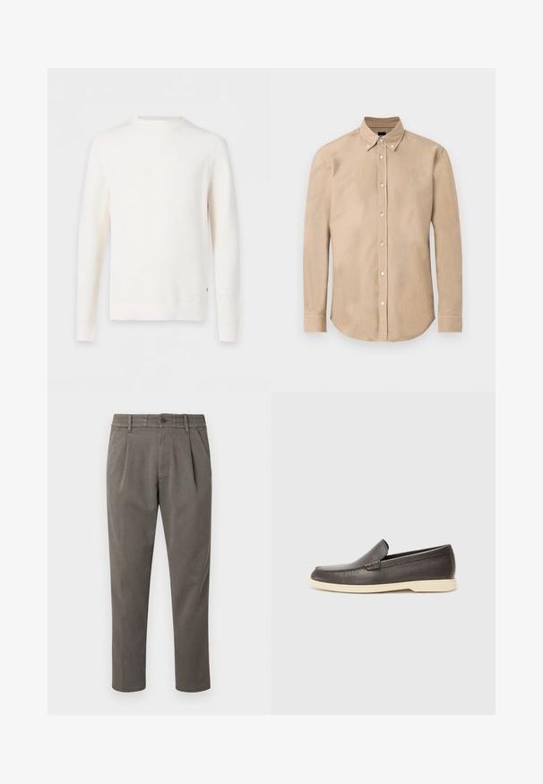 Pull en maille côtelée blanc à manches longues avec col rond, présenté à plat sur un fond clair.; Chemise beige à manches longues avec boutons sur le devant, col boutonné et petit logo brodé sur le côté gauche de la poitrine.; Pantalon gris ajusté en tissu lisse ; doté d'une fermeture à boutons, de passants pour ceinture et de deux plis à l'avant pour plus de détails.; Chaussures à enfiler en cuir marron avec une surface texturée et une semelle beige clair contrastante, présentant un bout arrondi et de minimalistes détails de couture.