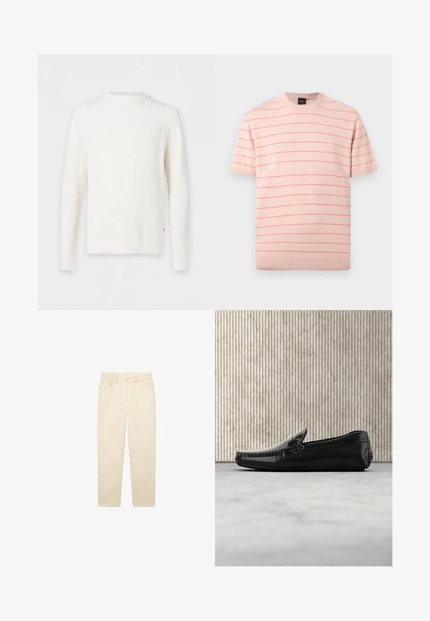 Witte geribde gebreide trui met lange mouwen en ronde hals, plat getoond tegen een lichte achtergrond.; Lichtroze gebreid shirt met korte mouwen, dunne horizontale rode strepen en een klein vierkant logo-patch op de linkerborst.; Witte beige denim jeans met een rechte pijp, voorzien van vijf zakken, een knoop- en ritsluiting, en subtiele stikseldetails.; Zwarte leren loafers met een glanzende afwerking, ronde neus en decoratieve hardware aan de voorkant. Laag profiel rubberen zool. Gladde textuur.