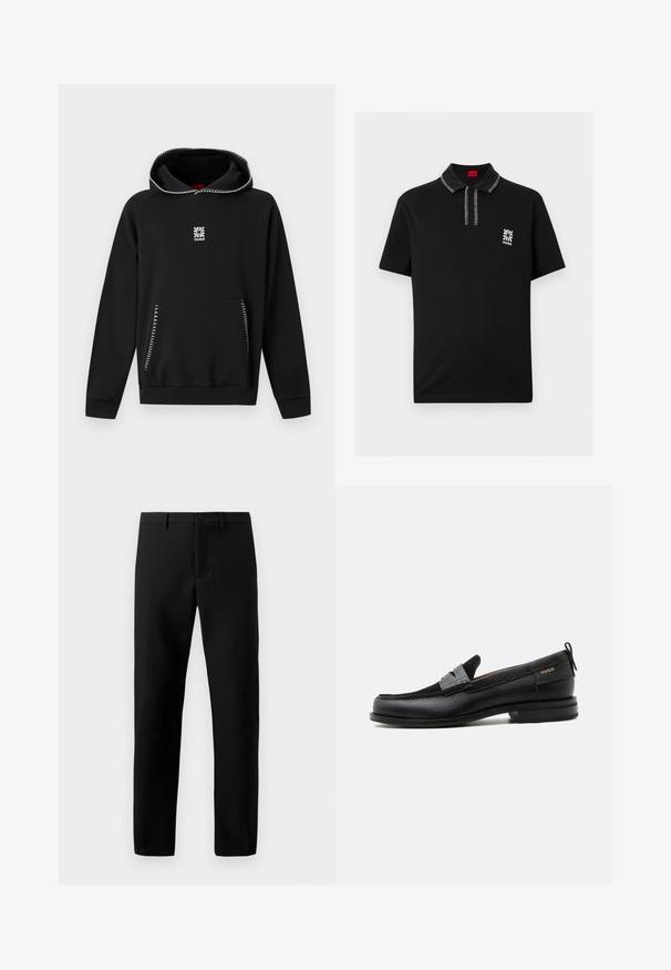 Schwarzer Hoodie mit weißen Zickzacknähten an Kapuze und Taschenkanten, mit kleinem weißem Blumenlogo und "HUGO"-Schriftzug auf der Brust.; Schwarzes Polo-Shirt mit kurzen Ärmeln und weißen Ziernähten an Kragen und Leiste, mit kleinem weißem Blumenlogo und Schriftzug „HUGO“ auf der Brust.; Schwarze Hosen aus glattem Stoff, mit Knopfverschluss, geradem Bein design und ohne sichtbare Muster, mit klaren Linien.; Schwarzer Lederloafer mit grauem Riemendetail, niedrigem Absatz und strukturierter Sohle, seitlich mit „HUGO“ in Gold gebrandmarkt.