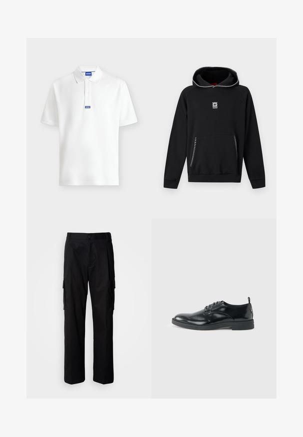 Sweat à capuche noir avec des coutures blanches en zigzag sur la capuche et les bords des poches, avec un petit logo floral blanc et le texte "HUGO" sur la poitrine.; Polo blanc à manches courtes avec col et boutons, comportant une étiquette logo "HUGO" bleue sur le col et la patte de boutonnage.; Pantalon cargo noir à coupe décontractée, avec poches latérales, fermeture par bouton, et tissu léger et lisse.; Chaussure habillée en cuir noir brillant avec un petit talon, fermeture à lacets et bout rond, vue de côté sur un fond uni et clair.